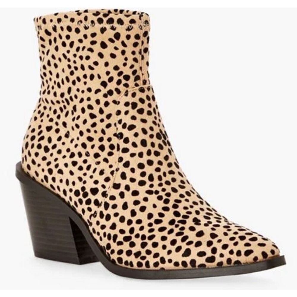 JustFab Leda Cheetah Leopard Spotted Block Heel Pointed Toe Western Boots Size 8